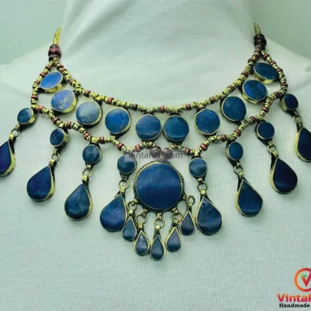 Lapis Lazuli Afghan Bib Necklace: Ethnic Teardrop Jewelry